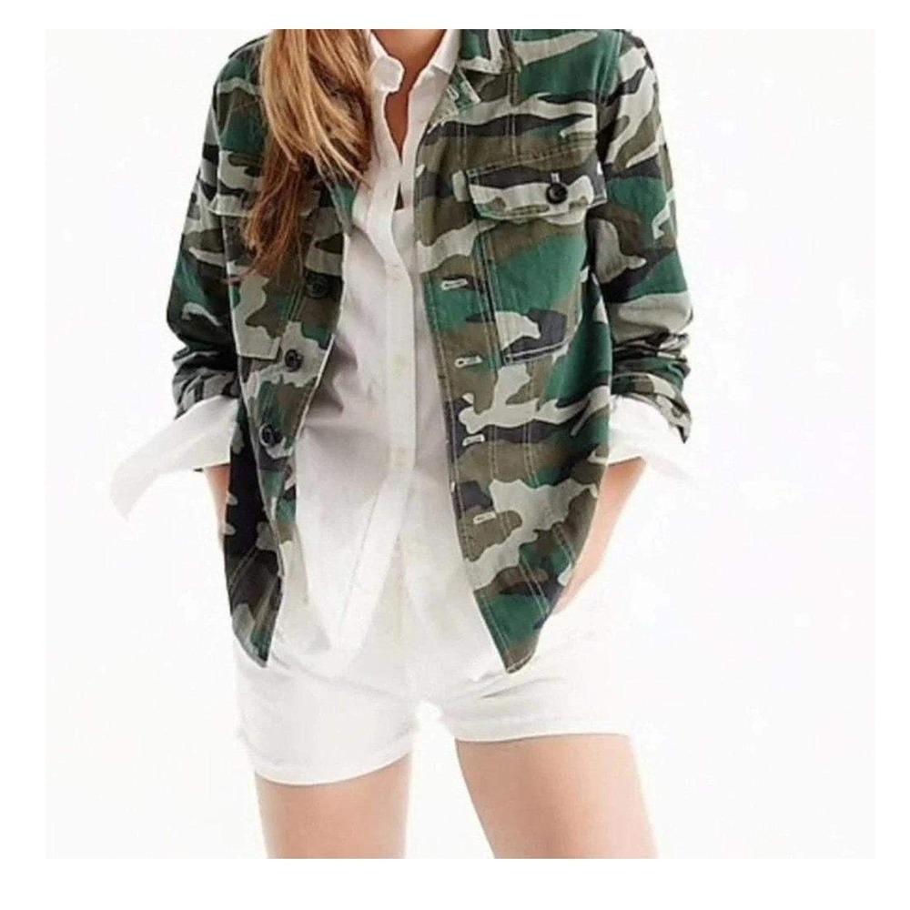 J.Crew‎ Field Jacket Green Camo Military Utility Button Up H0808 XS